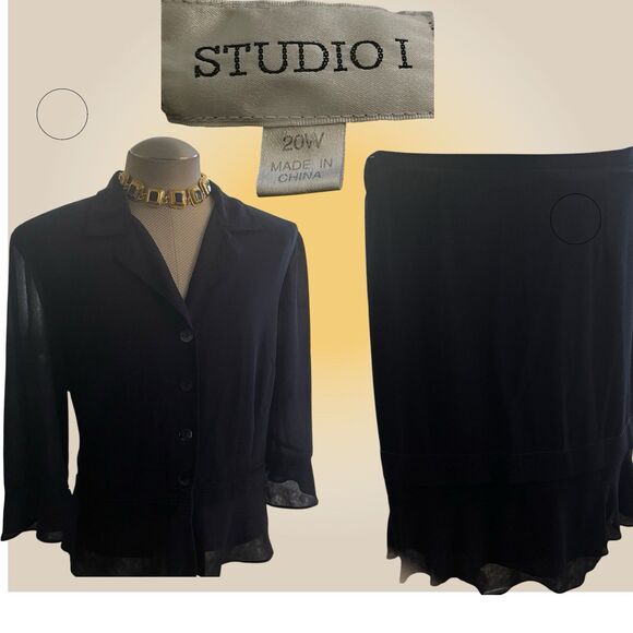 Vtg. Studio 1 2pc. Skirt Suit Women's Size 20W Blue Lined Career Work 3/4 Sleeve - Picture 1 of 12